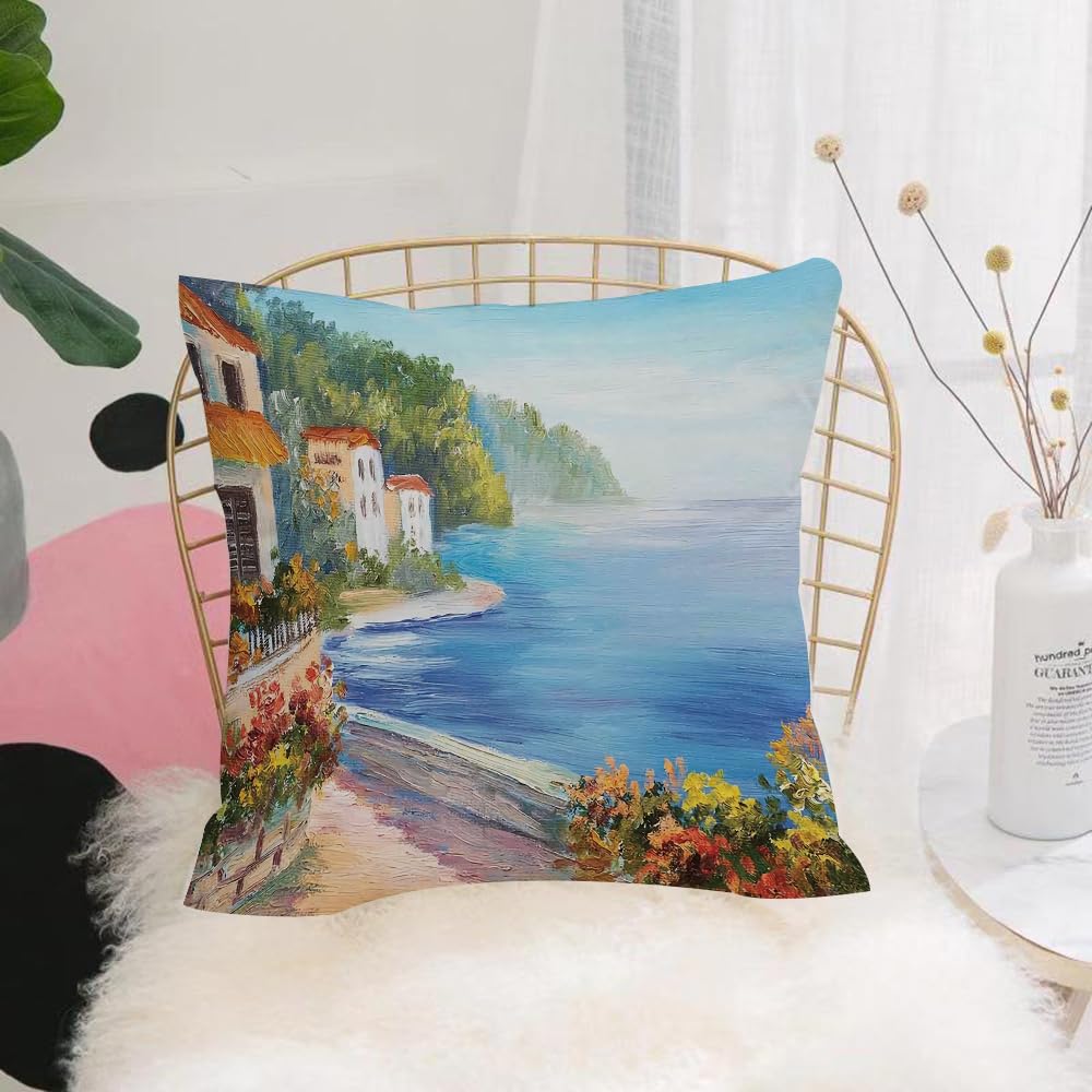 HYMSXW Cushion Cover,Throw Pillow Case Home Decorative for Living Room Bedroom Sofa Chair 20X20 Inch,Coastal town, Mediterranean Sea, oil painting decorations, blue coast with red-,Pillowcase 50X50cm