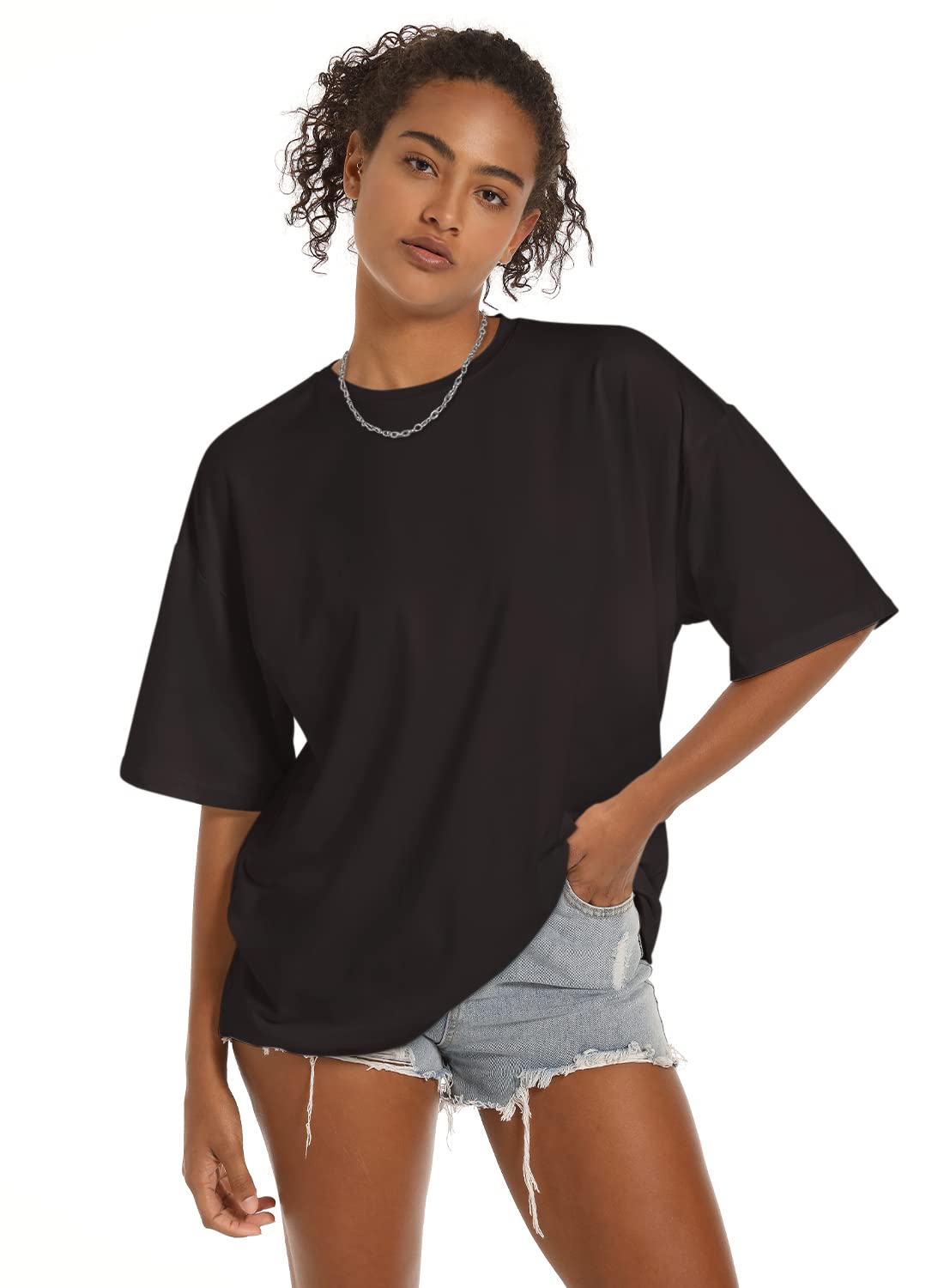 JUNINGWomen's T Shirts Oversized Short Sleeve Round Neck Casual Soft Tops Basic Tee Shirt