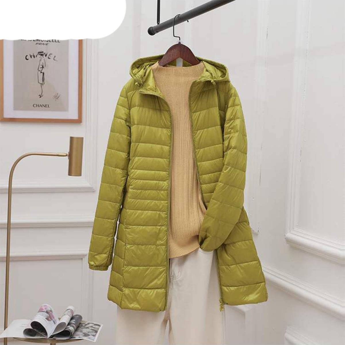 Piumino lungo da donna caldo con borsa portatile da donna, ultra leggero e ultra leggero, da donna, lunghezza ai fianchi, cachi, 6XL
