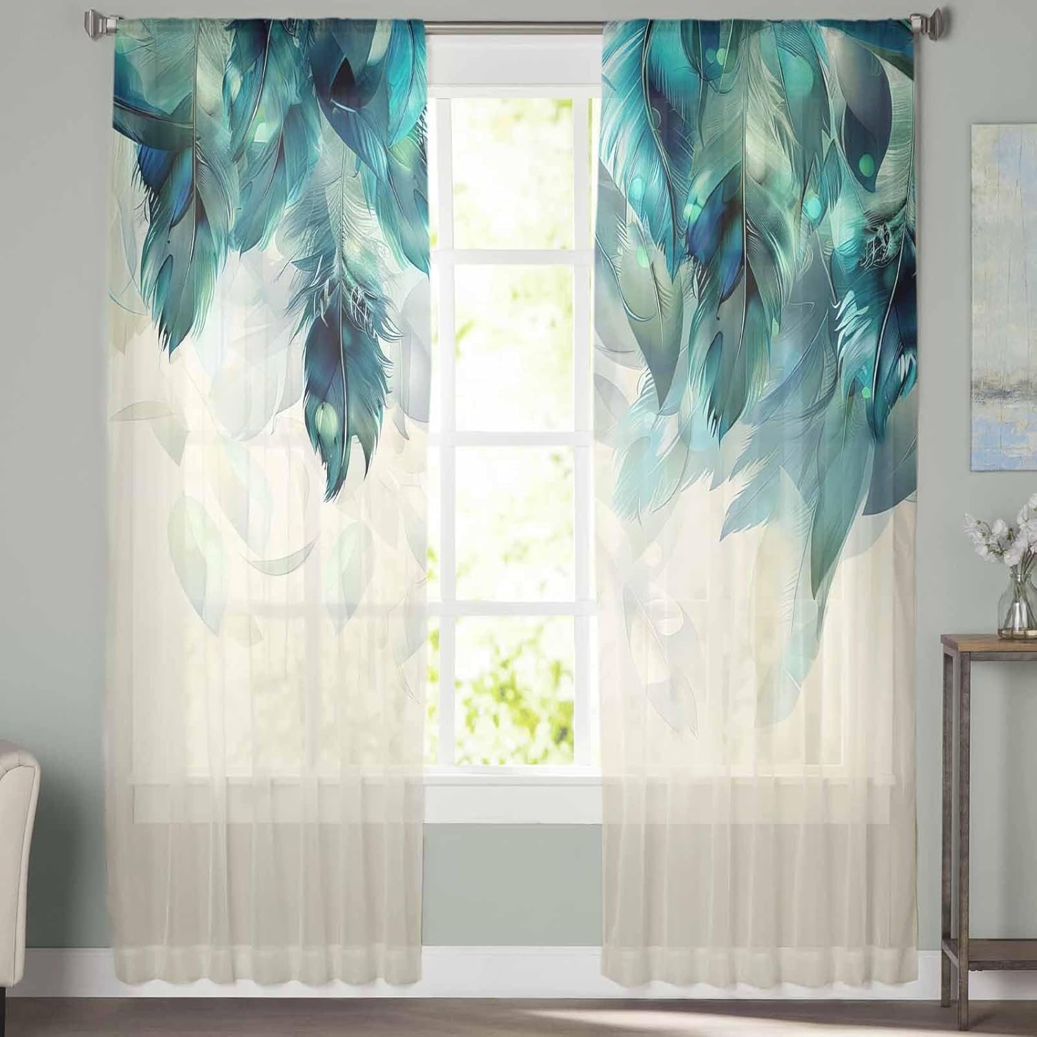 Ombre Green Blue Sheer Curtains 72 Inches Long, Abstract Peacock Feather Curtain Sheer for Living Room Decor, Rod Pocket Window Art Painting Voile Curtain Drapes for Bedroom 2 Panel