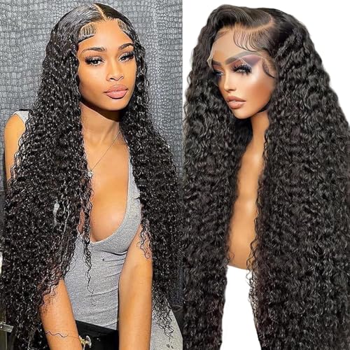 Image of JTMMP 36 Inch Deep Wave Lace Front Wigs Human Hair Pre Plucked 13x6 HD Transparent Lace Frontal Wigs