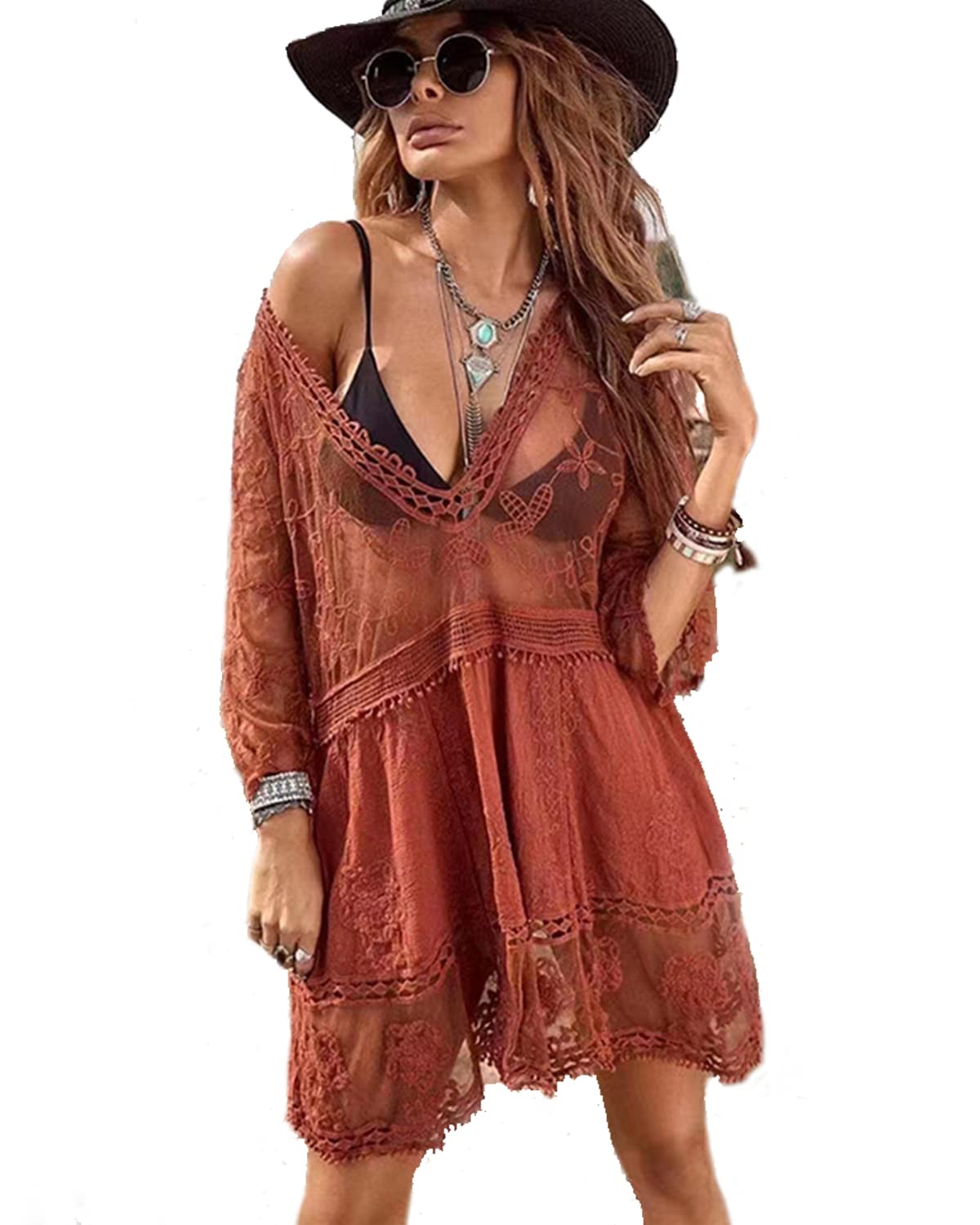 Mzsylk Women's Red Beach Dresses Crochet Lace Bikini Cover Up See Through Hollow Out Floral Beachwear 3/4 Sleeve