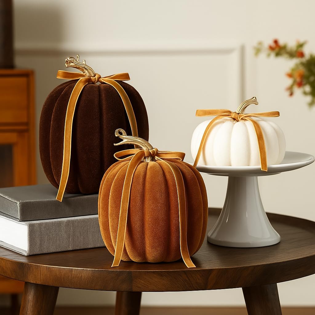 Wesiti 3 Pack Large Artificial Flocked Pumpkins, 7.9 Inch 6.7inch 3.9 Inch Fall Fake Foam Pumpkins for Autumn Home Decor Halloween Thanksgiving Table Centerpiece Decor(Brown)
