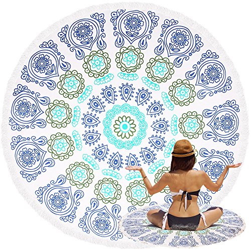 Oummit Serviette de plage ronde de style mandala indien en coton avec franges, en microfibre super douce, multi-usages, parfait pour le repos sur la plage et pour pratiquer le yoga Multicolore-5