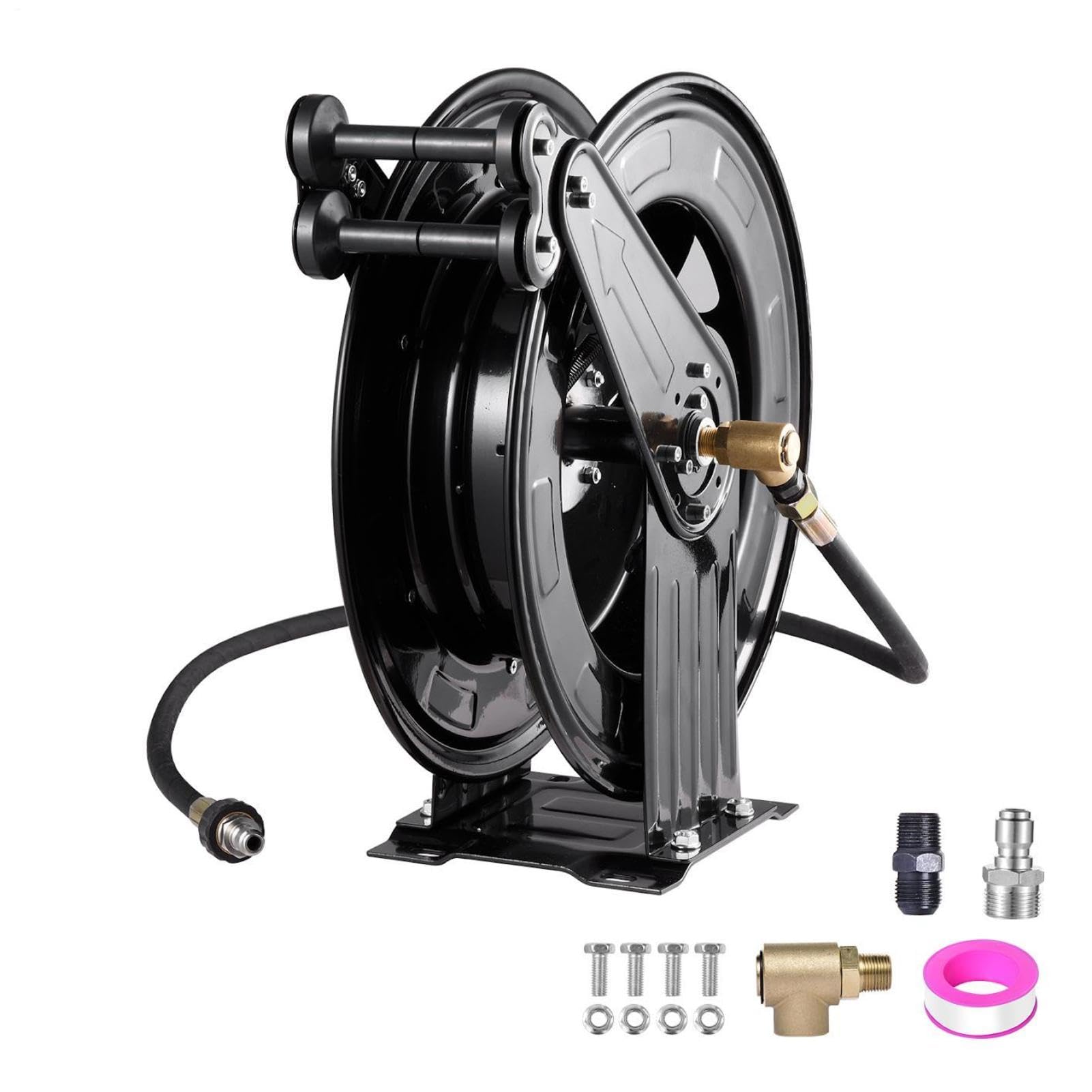 Carrete de manguera retráctil de alta presión de acero pesado retráctil automático de 15 m x 0,95 cm con manguera corta de 1,5 m, 4000 PSI con articulación giratoria de 360 grados