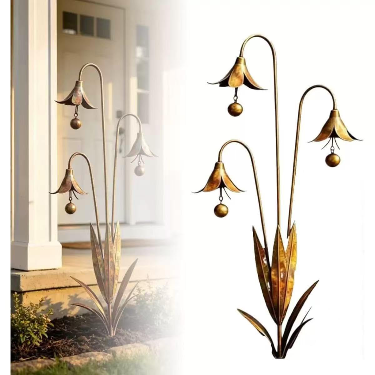 Mnrkaoic Triple Bluebells Garden Stakes, Weatherproof Flower Shape Sculpture with Bell, Decorative Garden Stake for Walkways Patio Lawn Yard Statue Decor