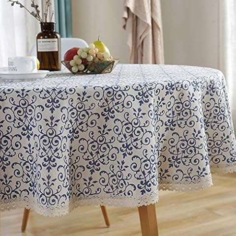 AMZALI Vintage Washable Cotton Linen Fabric Navy Damask Pattern Decorative Macrame Lace Round Tablecloth Dinner Picnic Table Cloth Home Decorative Table Top Cover (60 inch Diameter) Cover