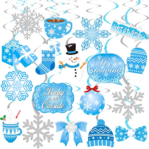 20pcs Winter Wonderland Hanging Swirls Snow Snowflake Snowman Foil Ceiling Decorations for Frozen Winter Theme Baby is Cold Outside Party It's Snowing Party Supplies