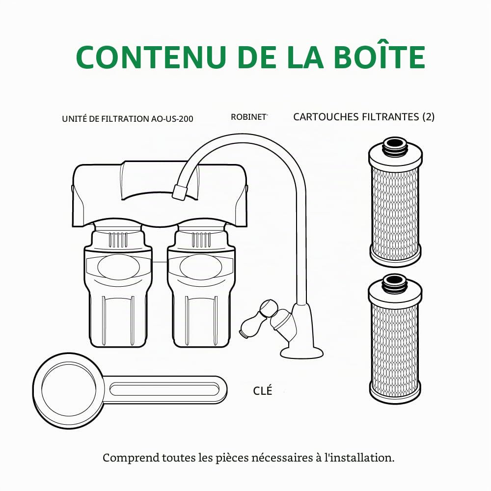 AO Smith Système de filtre à eau sous évier – Réduit les PFAS, le plomb et le chlore dans l'eau potable – Filtration Claryum sous comptoir pour cuisine – 2 étapes – AO-US-200