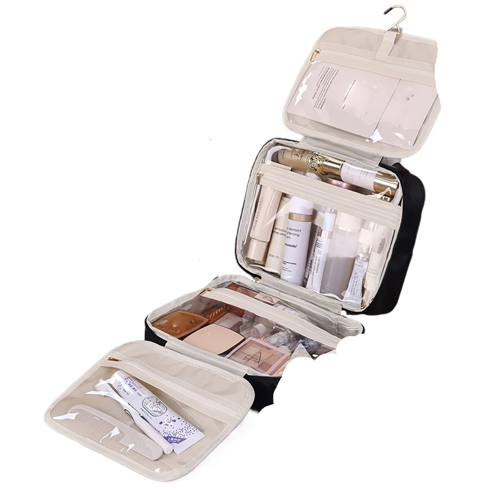 Borsa cosmetica da appendere in pelle 1 pezzo for donna, organizer portatile for trucco, borse viaggio di grande capacità Per Viaggi(Black)