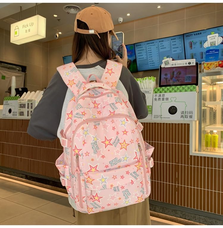 Cute Star Backpack Preppy Backpack Y2k Backpack Y2k Supplies Y2k Accessories Back to College (pink)2