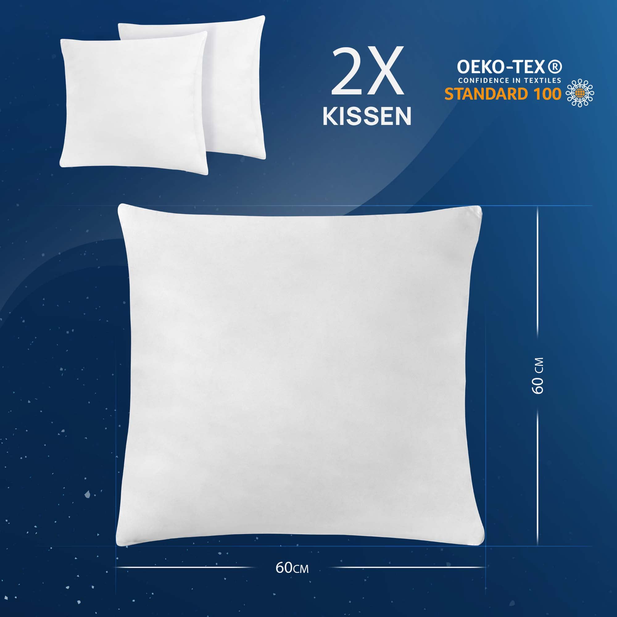 Lileno Home - Set da 2 cuscini in piuma, 60 x 60 cm, cuscini per dormire, cuscini per letto perfetti per chi soffre di allergie e per bambini, ciascuno con imbottitura in piuma da 850 g