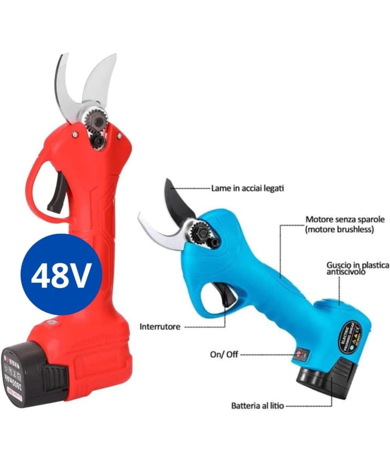 Bdit accessori Forbici Potatura con 2 Batterie da 48V Trincia Rami Professionale Cesoie Elettriche Forbice da Giardino Alberi da Frutta Cordless Senza Fili Arbusti, verde blu
