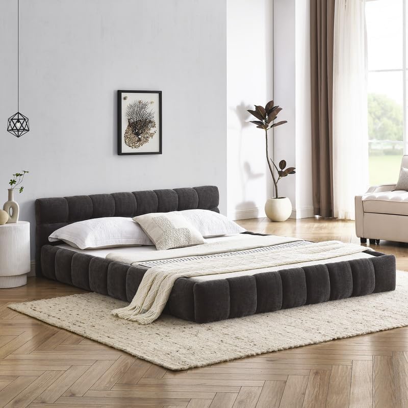 Queen Upholstered Bed Frame, Comfy Chenille Fabric Grounded Platform Bed with Headboard, Elegant Cloud Soft Padded Queen Floor Bed, No Box Spring Needed, Easy Assembly, Dark Grey