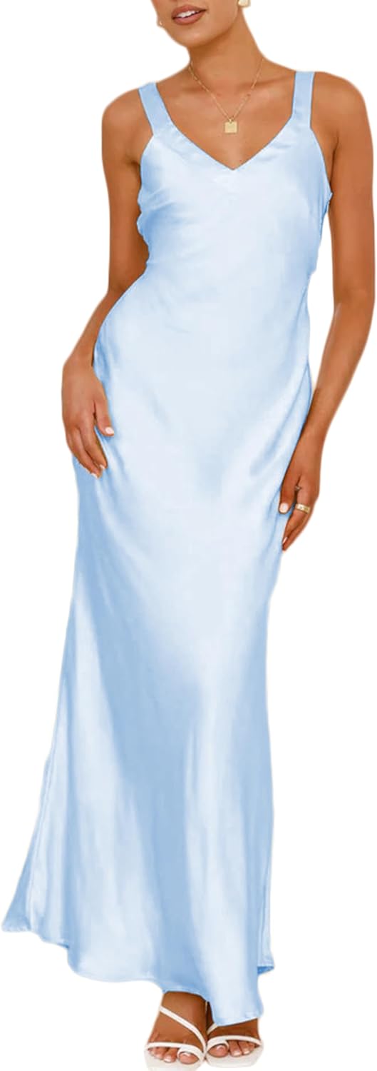Satin V Neck Maxi Dress for Women Wedding Guest 2026 Summer Formal Elegant Cocktail Sleeveless Long Dresses Backless - Image 4