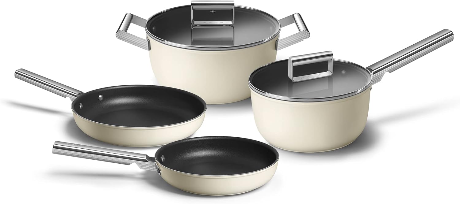 SMEG 6 PC Cookware Set, Cream, 3 QT Sauce pan with lid, 5