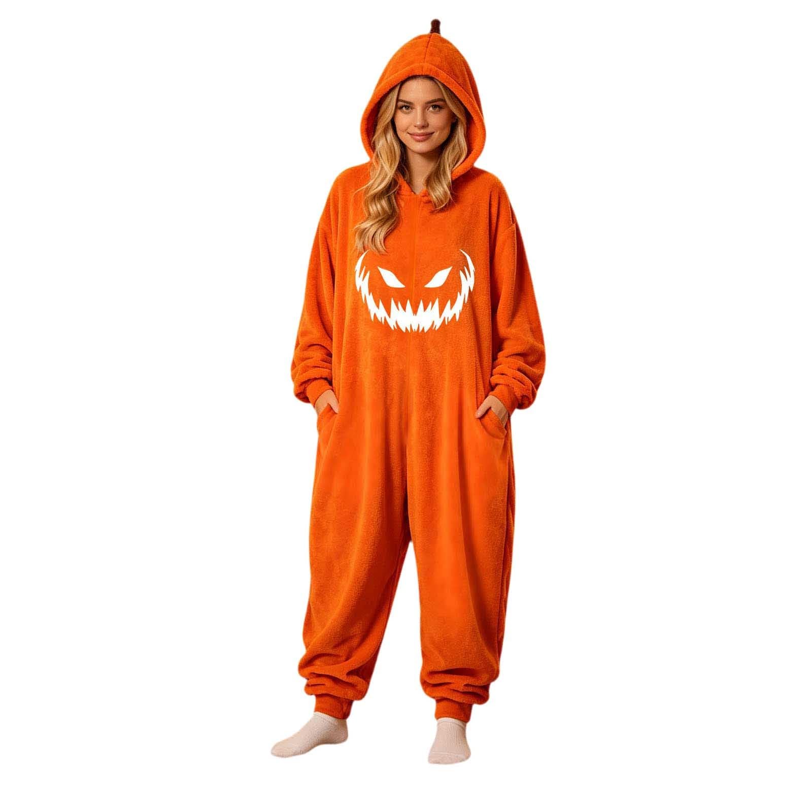 Pigiama Halloween Adulto Tuta Zucca Cartoon con Cappuccio Stile Cartoon Halloween, Pigiama Zucca Adulto, Tuta Intera con Cappuccio per Feste e Cosplay