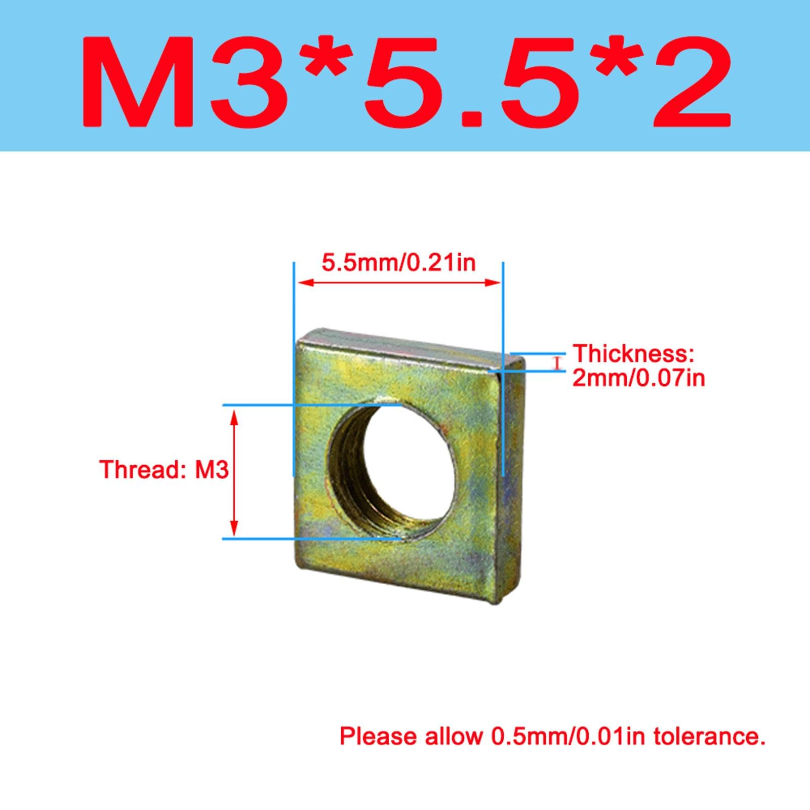 SEIWEI 100 Pcs M3 Square Nut Carbon Steel Zinc Plated Coarse Thread Fasteners for Home Repair and Furniture Construction Mechanical Equipment