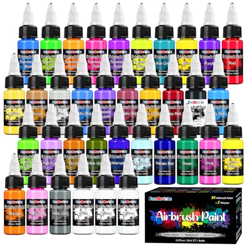 FansArriche Airbrush Farbe, 34 Farben+2 Verdünner, Acryl-Luftpinsel-Set, blickdichte und neon Farben, Perlenfarben, für Anfänger, Künstler, DIY-Projekte, 20 ml/Flasche
