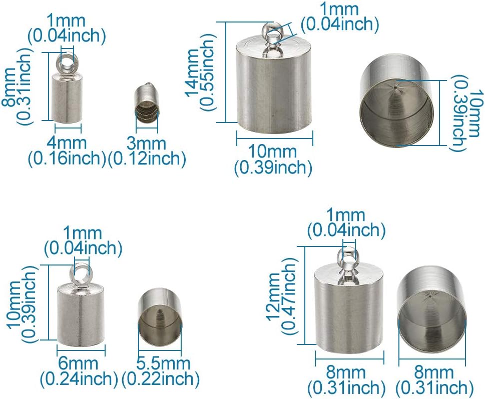 Craftdady Glue in Barrel Column Cord End Caps 480Pcs 4 Sizes Stainless Steel Leather Tassel Buckle End Tips with Jump Rings Lobster Claw Clasp Extender Chain for Jewelry Making (3-9mm Inner Diameter)
