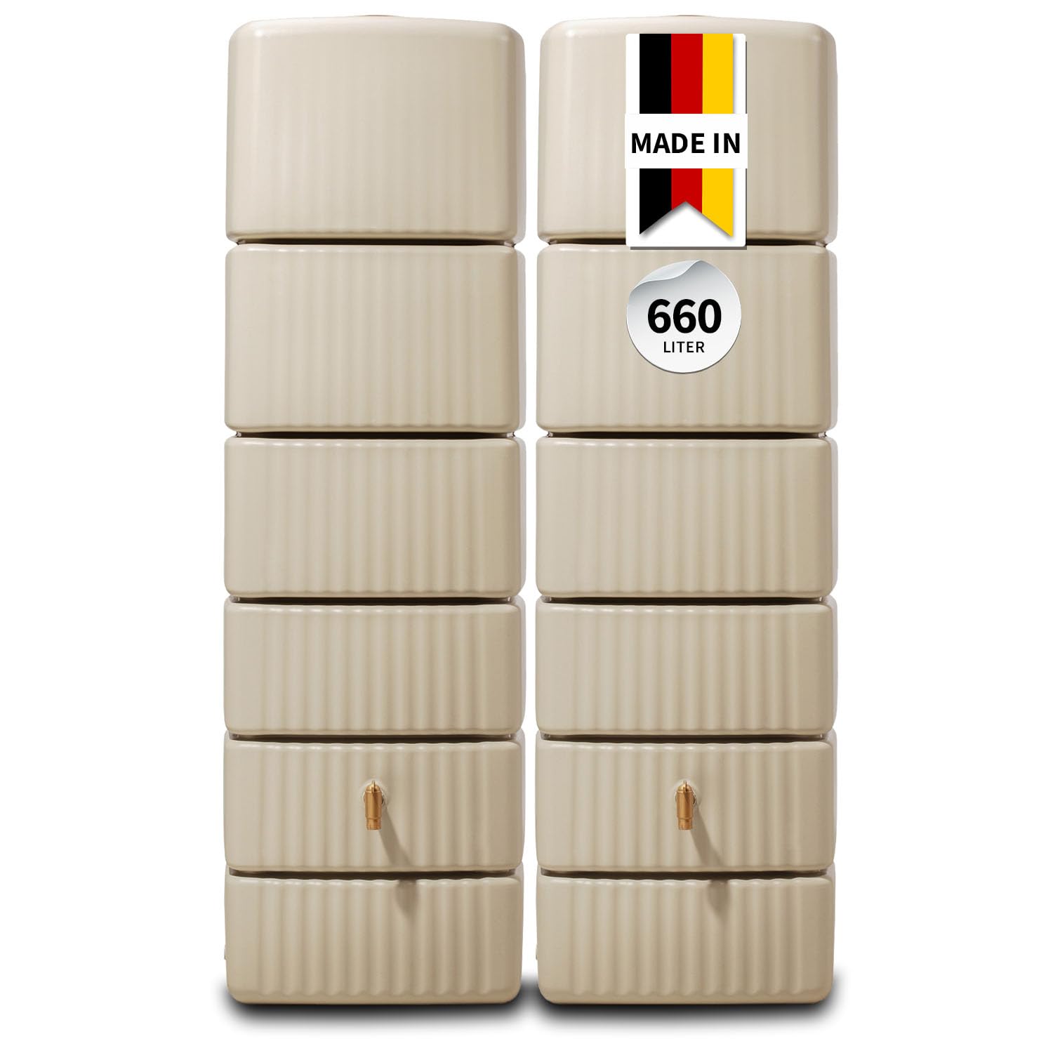 4rain Slim Regentonne Set 660 L, sandbeige, 2X Slim 330 L, inkl. Verbinder | Wandtank, Wassertank, Regenfass, Regenwassertonne, Wasserbehälter, Fass, Regenwassertank, Wasserfass, Wassertonne
