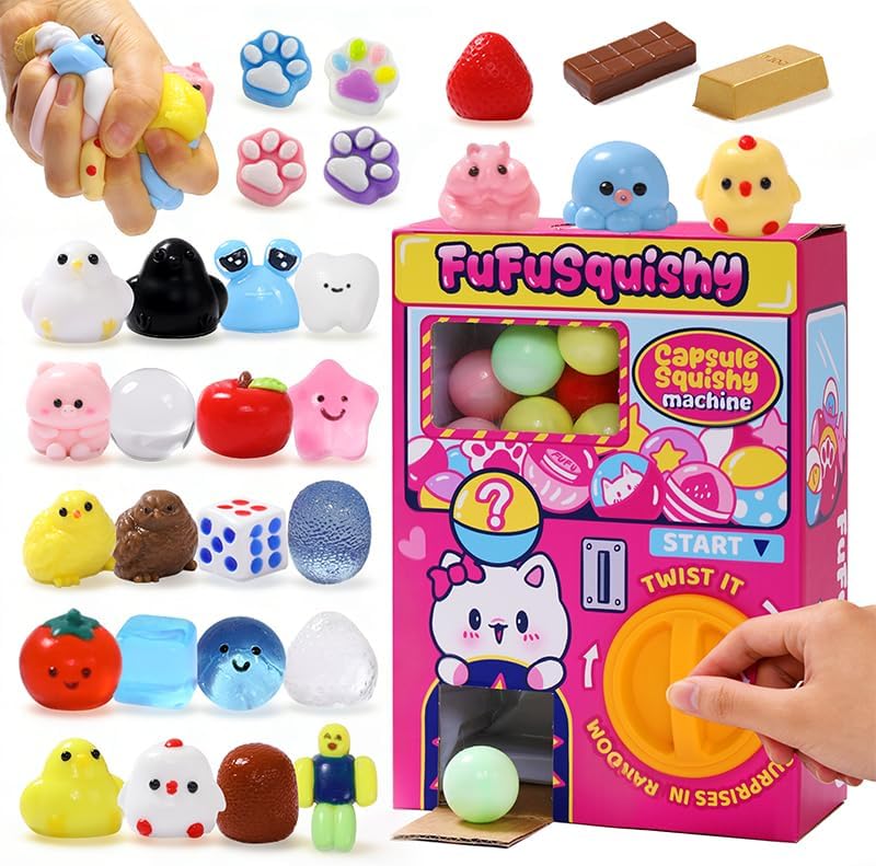 FUFUSQUISHY 30PCS Squishy Capsule Toys for Kids, Mini Vending Machine Toy Set, Soft Stress Relief Squishies Party Favors, Classroom Rewards & Birthday Gifts