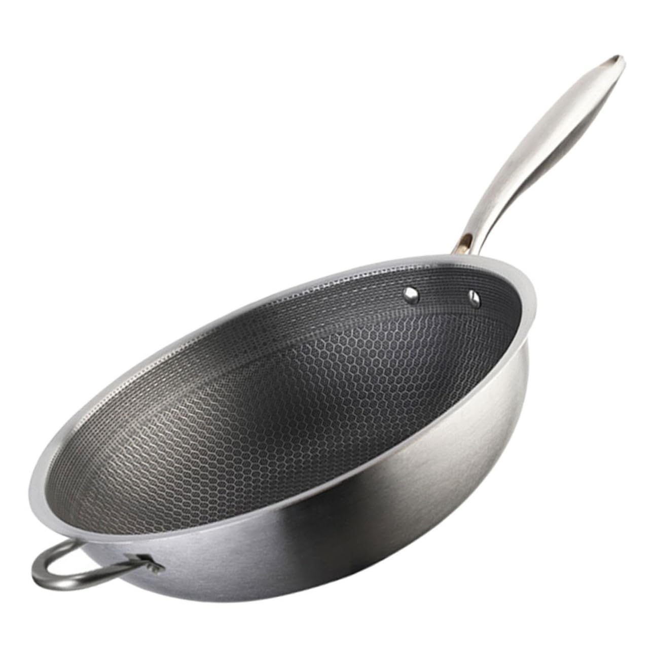 Ciieeo Padella wok a nido d'ape in acciaio inox a doppia maniglia con fondo piatto per a gas e induzione accessorio da cucina pentola antiaderente