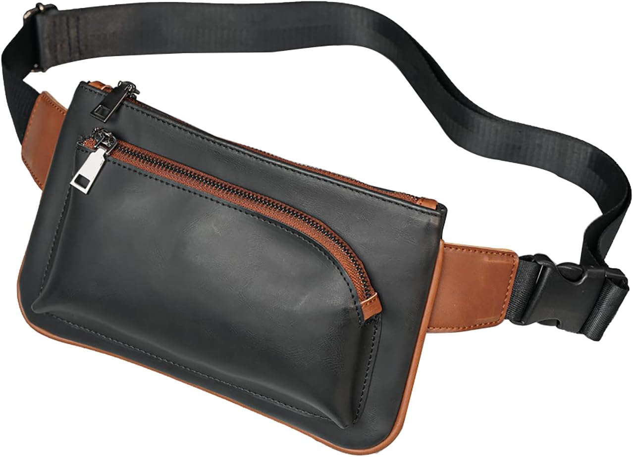 Minimalist Chest Bag PU Leather Vintage chest bag Large Capacity, Adjustable Nylon Shoulder Strap Sports Fanny Pack (Black)
