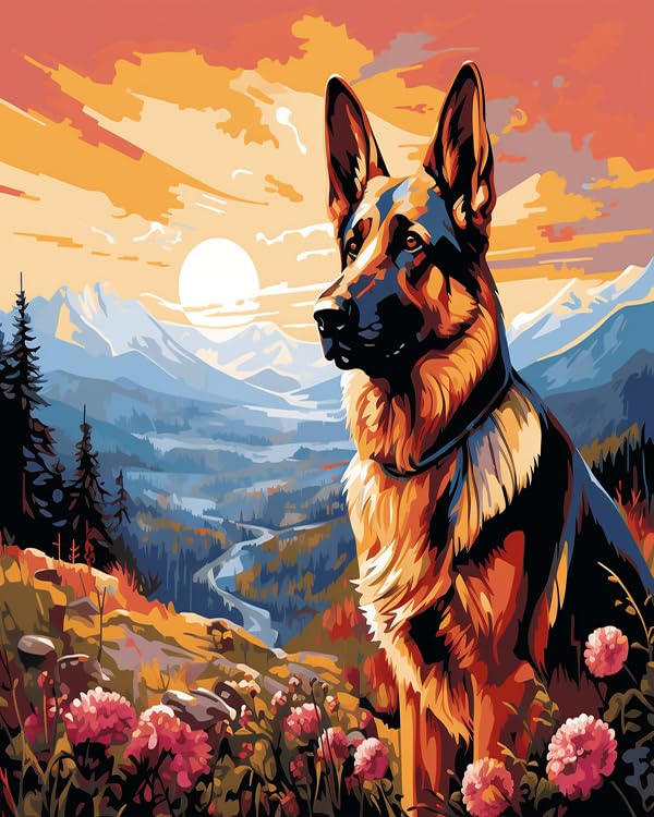 SKMN Painting by Numbers Kits for Adults,German Shepherd Dog On A Hillside with Flowers,DIY Canvas Oil Painting Gift Kits Pre Printed Gift for Boy Girl,40x50cm