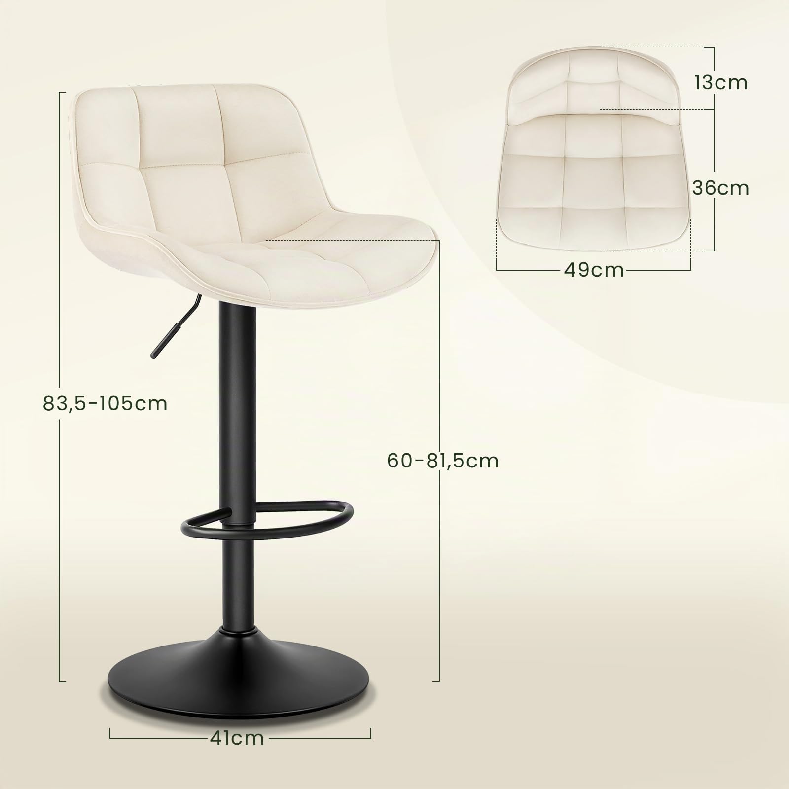 EUGAD Sgabelli Bar Set di 2 con Schienale, Regolabile, Velluto, Crema | Sgabello da Cucina, con Poggiapiedi, Sedia Alta Girevole, con Seduta Imbottita, Altezza Sedile