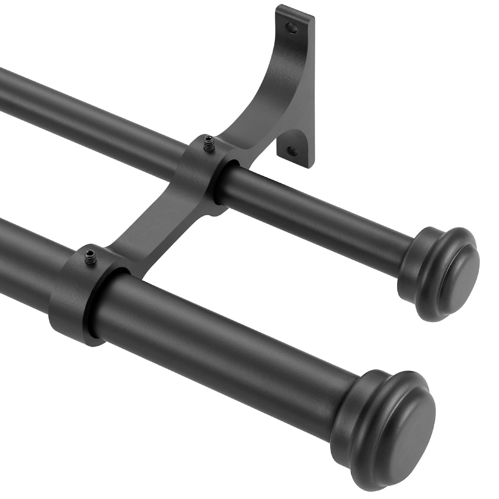Matte Black Double Curtain Rods 72-144", Double Drapery Rods with End Cap Finials, 1-Inch Front and 5/8 Inch Back Double Rod Curtain Rod, Adjustable Double Window Rods Telescoping Double Curtain Rod