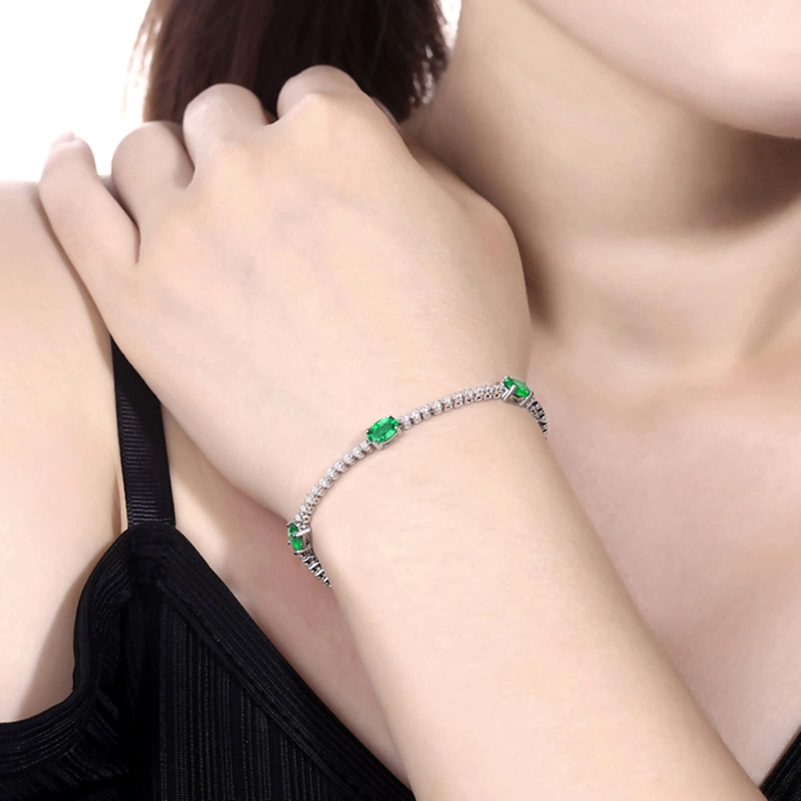 Pulsera Mujer de Oro Blanco 9Kilates / 14Kilates / 18Kilates, Oval con Esmeralda y Diamante, Cadena 16 CM, Pulsera para Mujer de Plata Verde