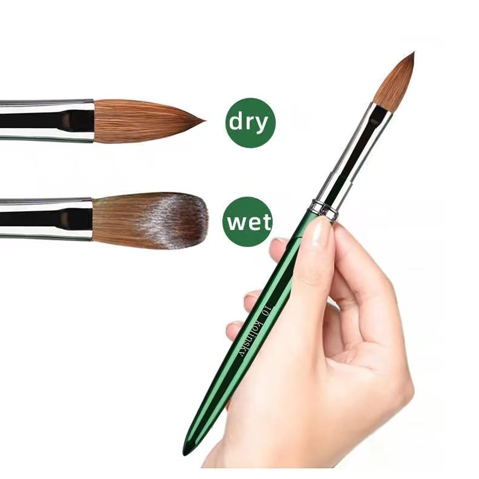 Kolinsky - Pinceles acrílicos para arte de uñas, 100 % de pelo puro Kolinsky, mango de cristal cromado verde con virola plateada de forma redonda para mujeres y niñas, accesorios de manicura, tamaño