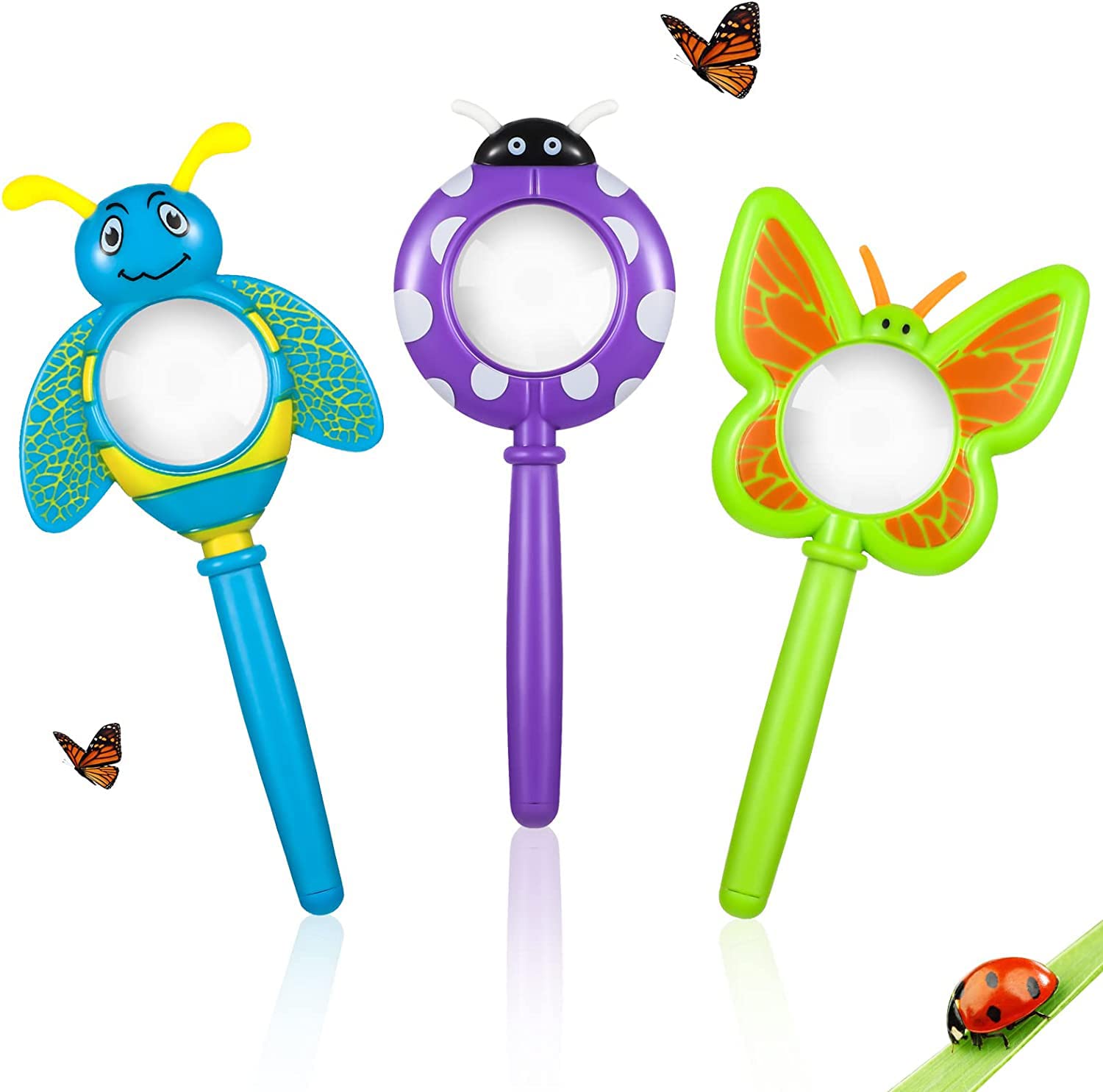 SYOSI Magnifying Glass for Kids, Insect Magnifying Glass Toy, Handheld Magnifier with Shatterproof Lens, Butterfly Bee Ladybug Handheld Magnifier for Boys and Girls Gift, 3PCS