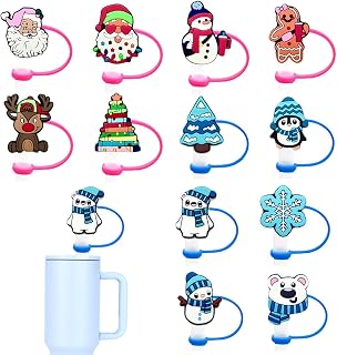 12 Pcs Christmas Straw Cover Cap, Cute Silicone Straw Cup Toppers, 10 mm Reusable Drinking Straws Dust Plug, Winter Design, for Xmas Party Decorations