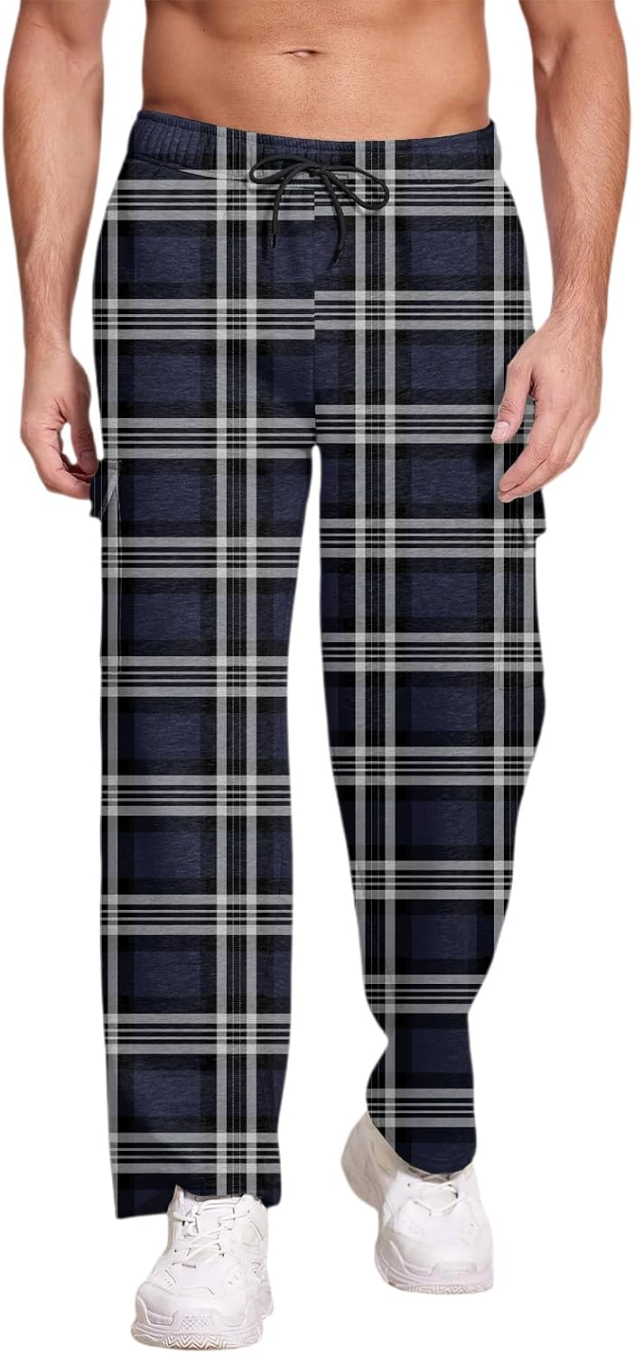 Mens Plaid Pajama Pant Casual Adjustable Waist Drawstring Fashion Lounge Sleep Pants Wide Leg Sweatpants with Pocket