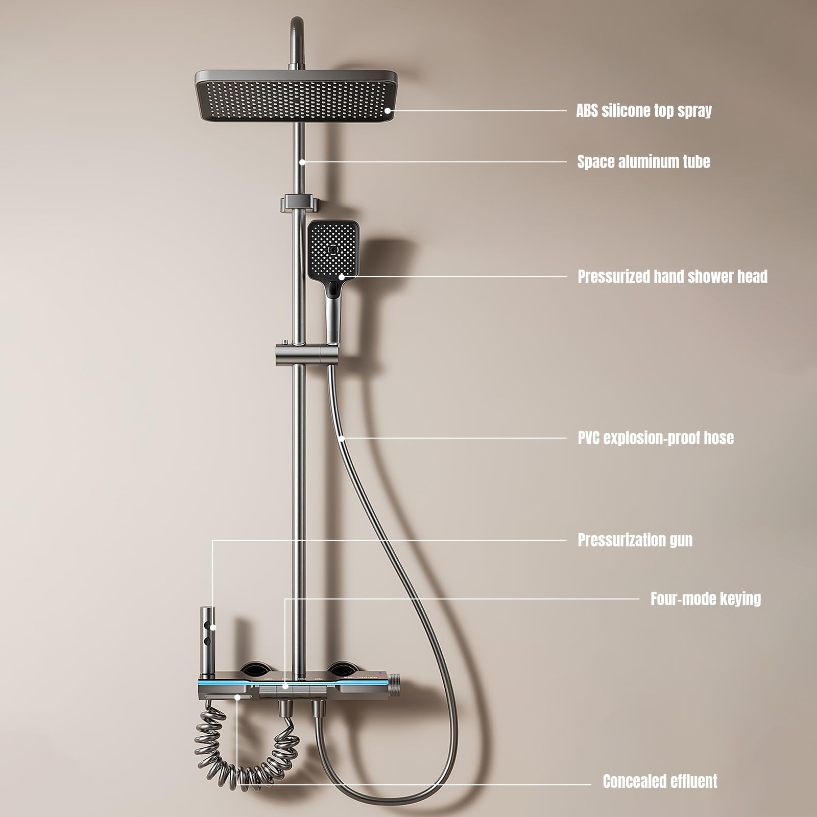 Columna Ducha Termostatica con Pantalla Digital,Duchas de Baño,Pantalla LED Integrada,4 Modos de Agua, Altura Regulable,Teclas Piano,Instalación muy Sencilla. (Gris B)