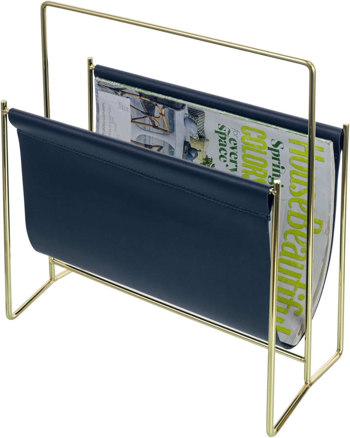 OGFC 51542 Compact 13 Inch Mid Century Modern Floor Standing Magazine Rack with Navy Leatherette Sling and Steel Tone Metal Frame, Decorative Holder Stand for Magazines-picture-13