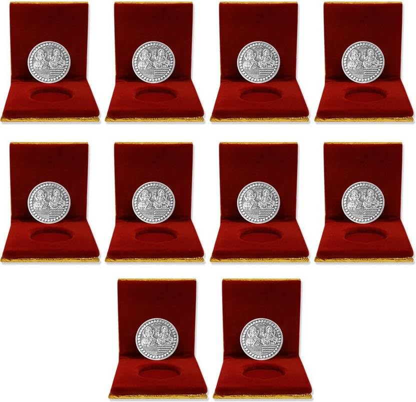 Image of German Silver 10 Grams Silver Plated Coin for Diwali Gift Items for Men's, Women's, Staff, Customer, Clients, Corporate with Velvet Gift Box (Pack of 10) Dhanteras Silver Plated Yantra.