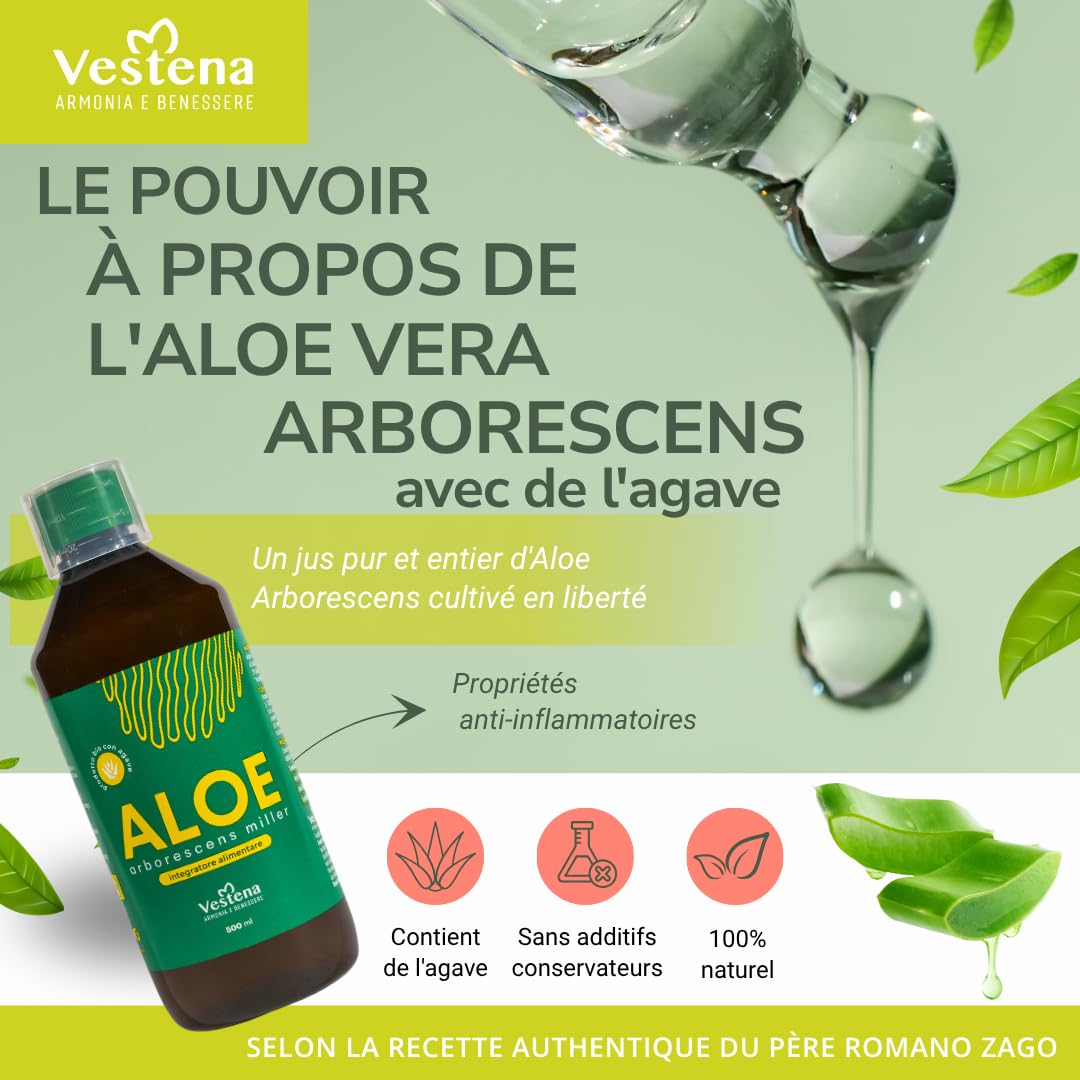 Vestena - Aloe Arborescens avec Agave 100% Pur, Naturel - Recette Père Zago. Jus Détox Naturel pour Foie et Intestins, Drainant Puissant Minceur - 500 ml - Made in Italy