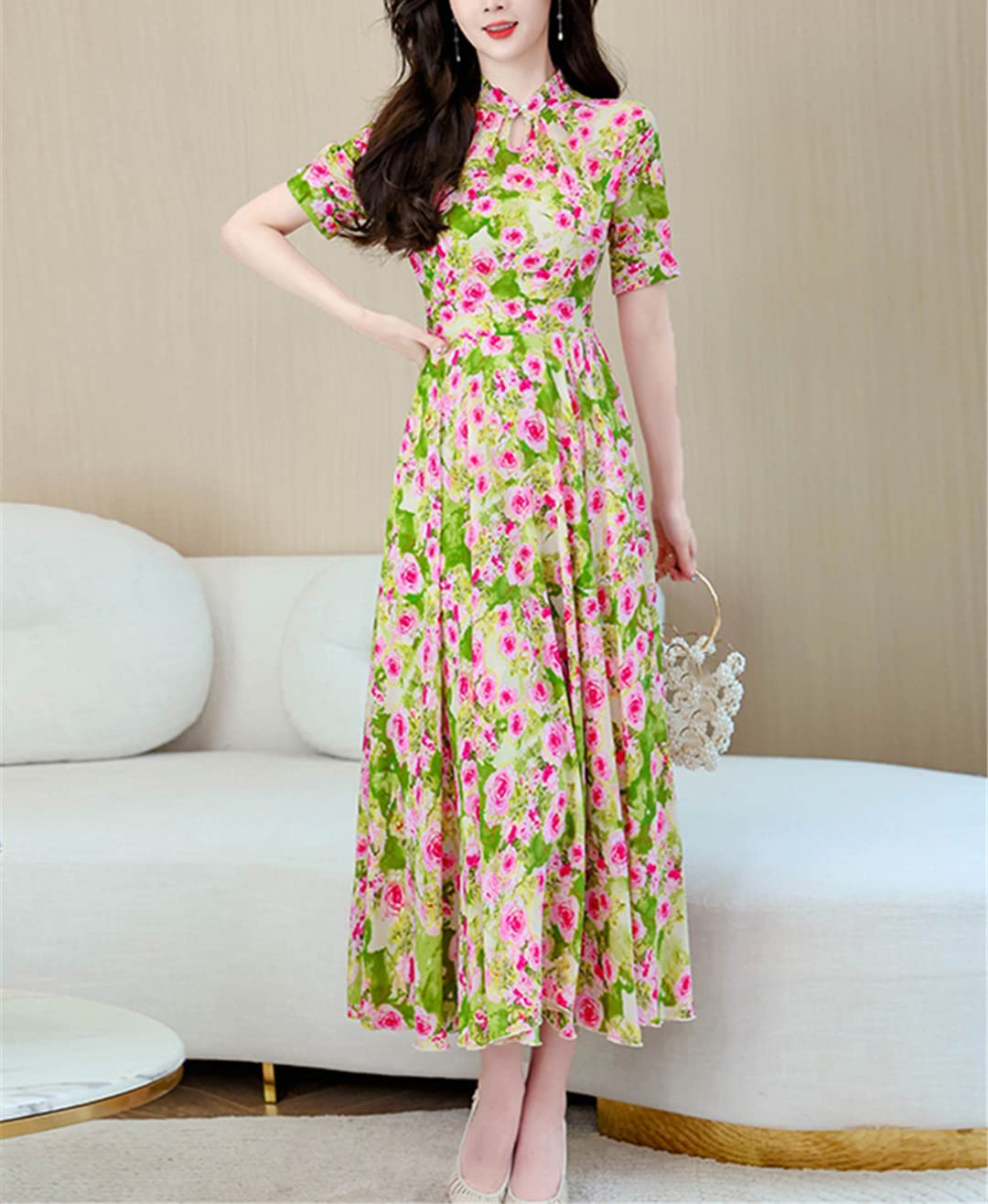 Casual Vintage Chiffon Midi Abiti Vestiti Estivi per Abito Lungo Chic Elegante Donna Floreale Aderente Prom Night