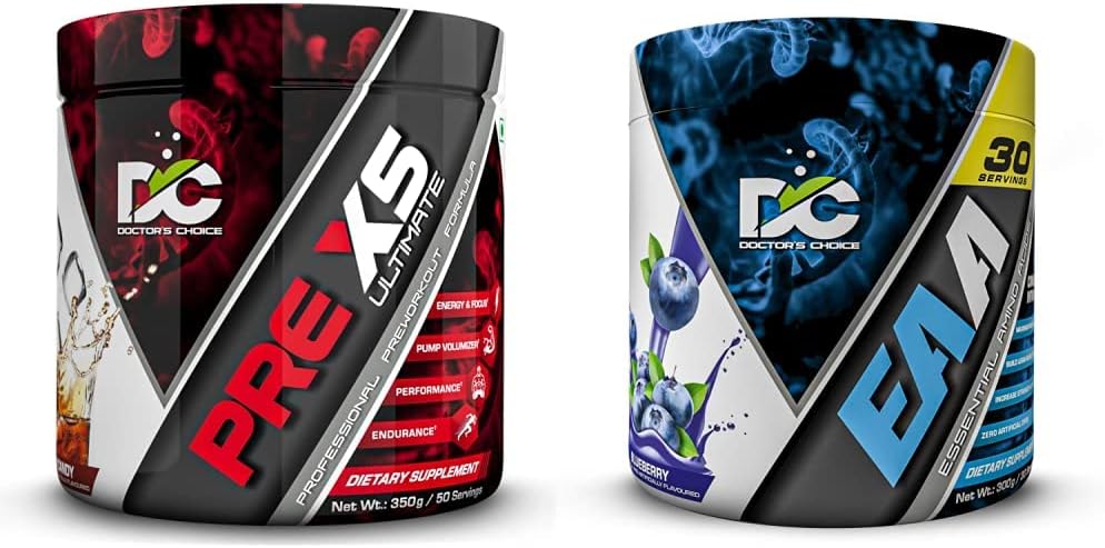 Doctor's Choice PRE-X5 Ultimate Professional Pre-Workout Formula 350g & EAA (Essential Amino Acids) BCAA for Intra-Workout/Post Workout 300grams (Blueberry- 30 Servings), blue, Powder