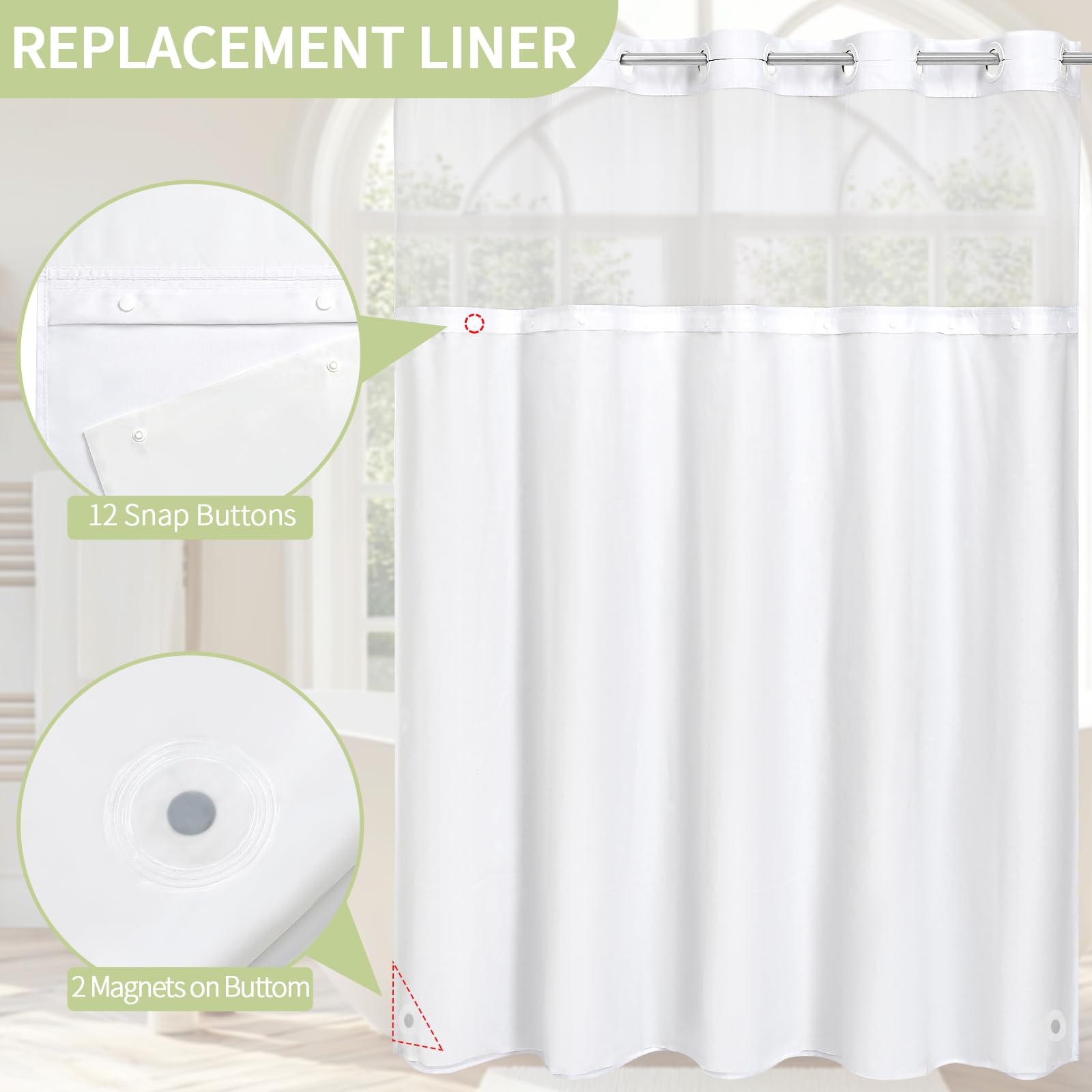 Litabel Lot de 2 doublures de rideau de douche de rechange en PEVA blanc, 177,8 x 137,2 cm (l x H), imperméables et amovibles pour rideaux de douche sans crochet avec doublure à clipser, qualité