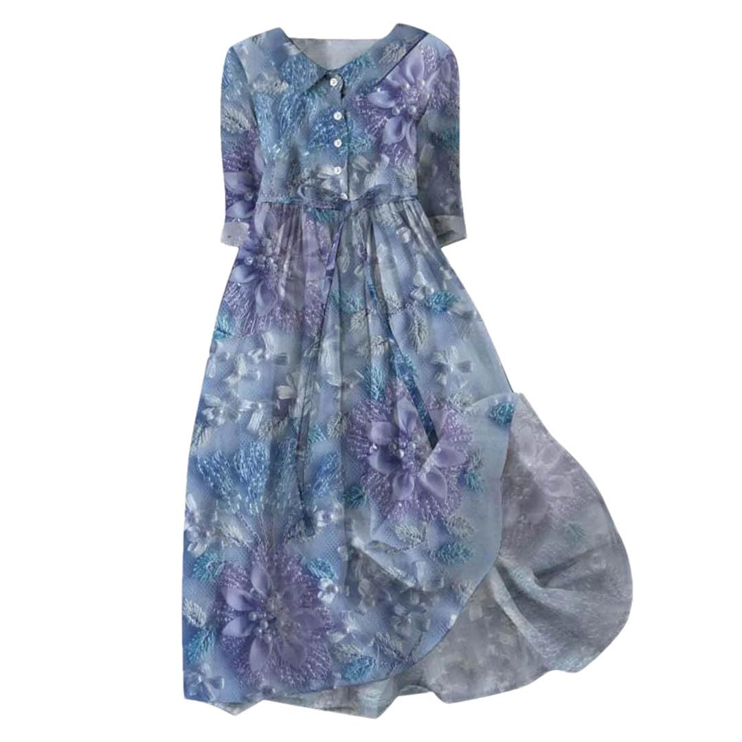 Abito estivo da donna con stampa floreale, abbottonatura e risvolto, abito lungo slim fit a linea con lacci