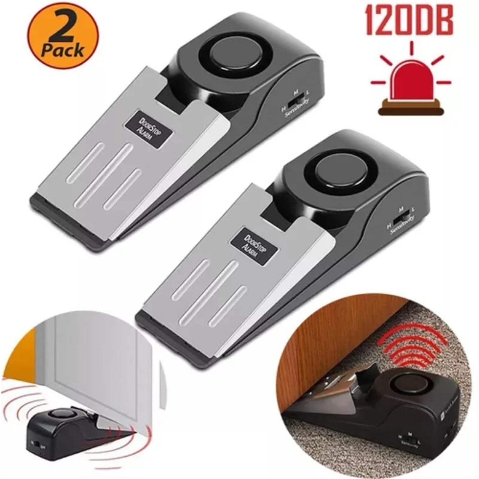 Tope Para Puerta Con Alarma Alarma de tope puerta portátil inalámbrica 1/2 Uds 120DB(2Pcs no battery)
