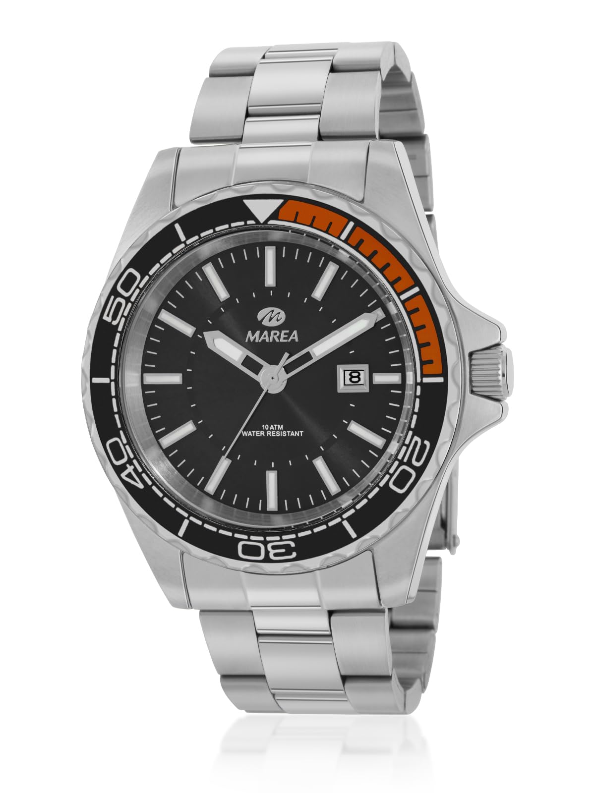 Marea Montre de sport, étanche 10 ATM, cadran noir avec lunette orange et noire, bracelet en acier inoxydable, Violet/Argent, Élégant