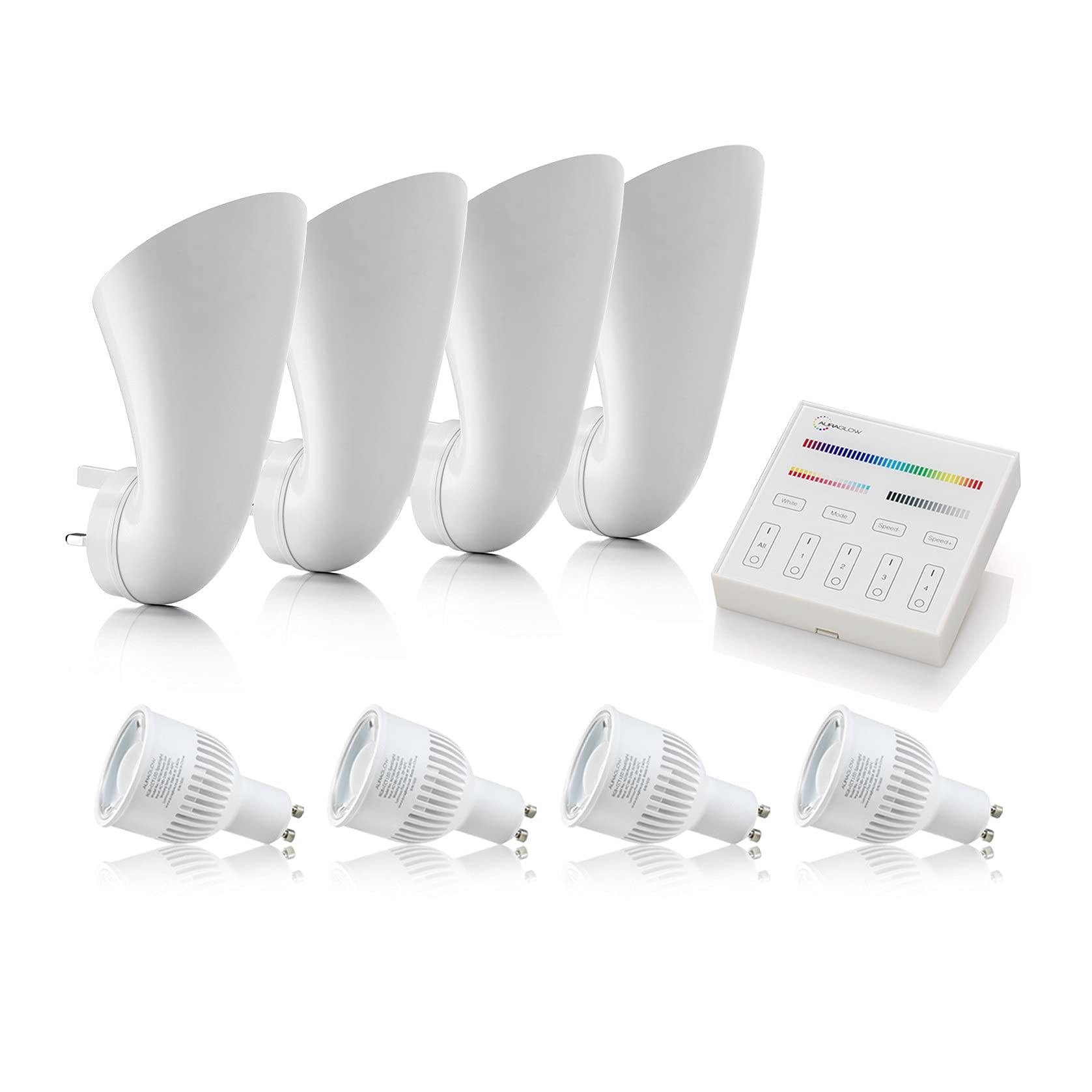 Auraglow Plugin GU10 Spotlight Uplighter Wall Wash Light Plug Socket Lamp with Colour Changing LED Smart Bulb & Touch Panel Switch - 4 Pack