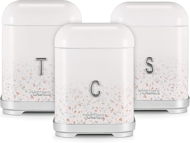Tower T826151TAN Terrazzo Set of 3 Canisters, Tea Coffee Sugar, Tan