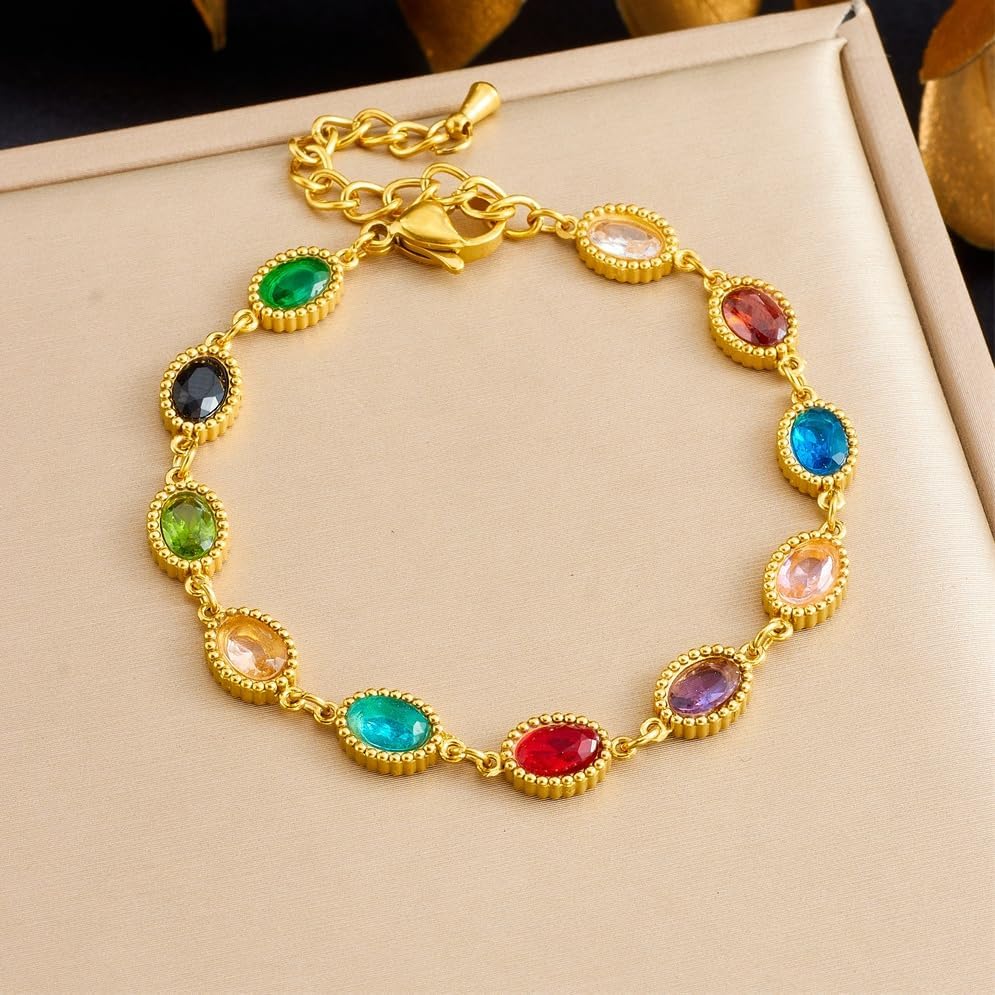 Dainty Gold Plated Multicolor Crystal Bracelet for Women - Elegant Colorful Gemstone Tennis Bracelet with Rainbow Cubic Zirconia - Image 4