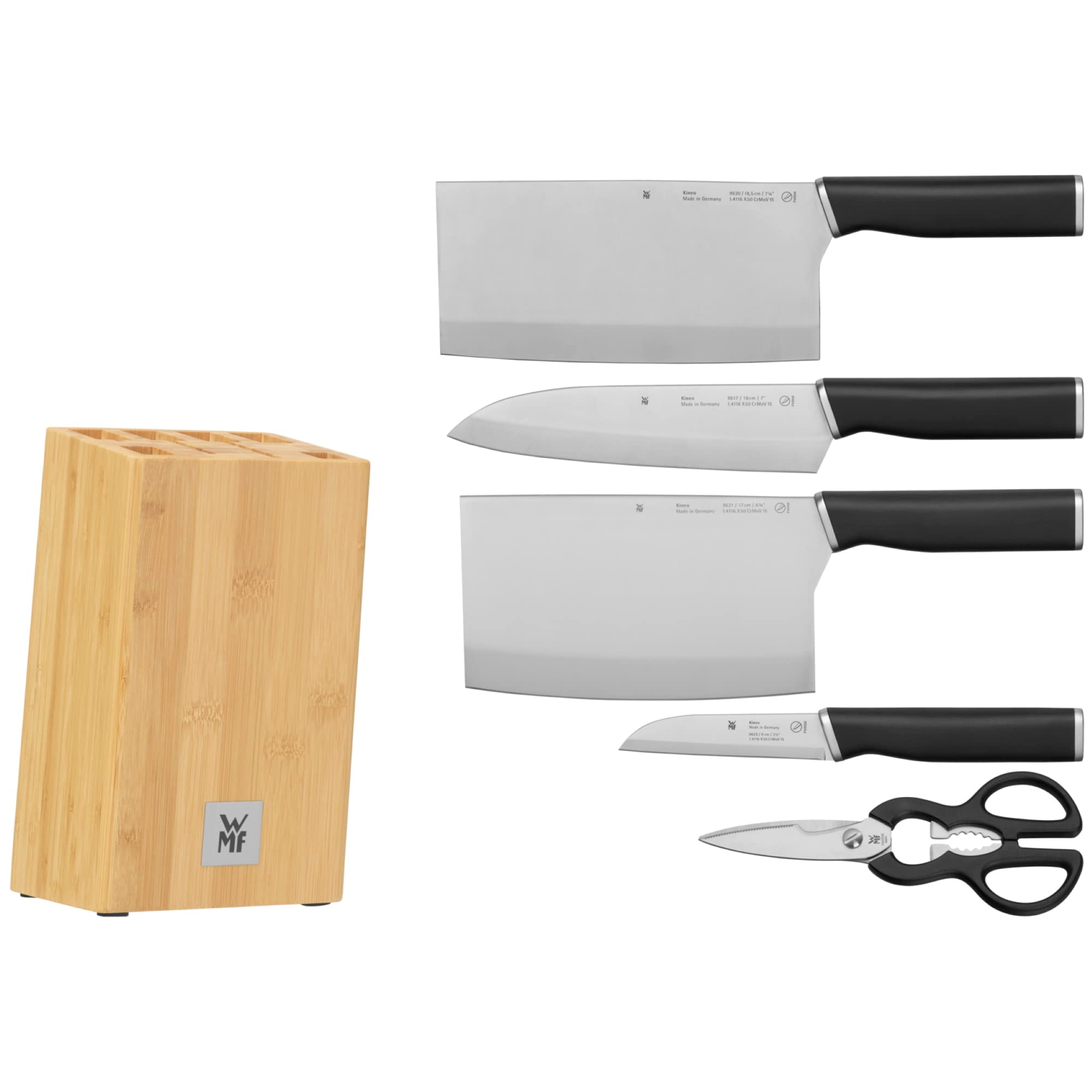 WMF Kineo 6-częściowy blok na noże z nożami, Made in Germany, 4 noże, nożyczki kuchenne, blok bambusowy, Performance Cut, specjalna stal hartowana